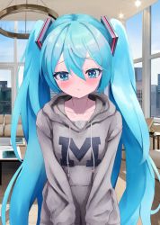 Rule 34 | 1girl, alternate costume, aqua eyes, aqua hair, blush, breasts, building, casual, ceiling light, closed mouth, coffee table, collarbone, commentary, commentary request, couch, cowboy shot, day, english commentary, grey hoodie, hair between eyes, hair ornament, hatsune miku, highres, hood, hood down, hoodie, indoors, long hair, long sleeves, looking at viewer, mixed-language commentary, sad, small breasts, solo, standing, table, takepon1123, twintails, very long hair, vocaloid, window