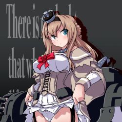 Rule 34 | 1girl, 547th sy, text background, black background, blonde hair, blue eyes, blush, braid, breasts, closed eyes, closed mouth, clothes lift, crown, dress, dress lift, english text, flower, french braid, garter straps, highres, kantai collection, large breasts, lifted by self, long hair, mini crown, off-shoulder dress, off shoulder, panties, red flower, red neckwear, red rose, rigging, rose, solo, underboob, underwear, warspite (kancolle), white panties