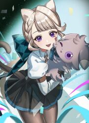 Rule 34 | 1girl, absurdres, animal ear fluff, animal ears, blonde hair, bow, carrying, cat ears, cat girl, cat tail, facial mark, genshin impact, gloves, grey fur, grey hair, highres, il0ha genshin, long hair, long sleeves, looking at viewer, lynette (genshin impact), open mouth, pantyhose, purple eyes, solo, star (symbol), star facial mark, tail