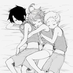 Rule 34 | 1girl, 2boys, ahoge, armpits, bed, bed sheet, black hair, closed eyes, closed mouth, commentary request, daidaiika, emma (yakusoku no neverland), from above, from side, greyscale, hair over one eye, hug, hug from behind, looking at another, lying, monochrome, multiple boys, neck tattoo, norman (yakusoku no neverland), number tattoo, open mouth, panties, ray (yakusoku no neverland), shirt, short hair, shorts, sleeping, sleeveless, sleeveless shirt, stomach, tank top, tattoo, thick eyebrows, underwear, white hair, white panties, yakusoku no neverland
