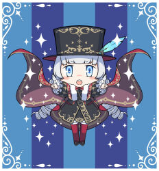 Rule 34 | 1girl, :o, black dress, black footwear, black headwear, blue background, blue eyes, border, cape, charlie (reverse:1999), chibi, dress, drill hair, frilled sleeves, frills, full body, hat, highres, long hair, long sleeves, looking at viewer, pantyhose, puffy long sleeves, puffy sleeves, red cape, red pantyhose, reverse:1999, skyecho-101, solo, sparkle, teeth, top hat, trapeze dress, twin drills, upper teeth only, v-shaped eyebrows, white border, white hair