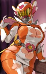 Rule 34 | 1girl, belly, belt, breasts, cleavage, dress, formal, gloves, helmet, highres, ibaliger girl, lightsource, navel, suit, thick thighs, thighs, tokusatsu, torn clothes