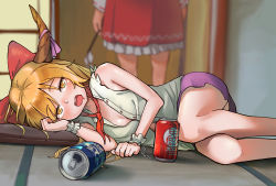 2girls beer_can blouse blurry blush breasts can chain chinese_commentary cleavage commentary_request cuffs depth_of_field drink_can drooling drunk feet_out_of_frame female_focus gohei hakurei_reimu hand_on_own_face highres horns ibuki_suika indoors joeychen looking_at_viewer lying medium_breasts microskirt mouth_drool multiple_girls no_bra on_side open_mouth orange_eyes orange_hair out_of_frame pillow purple_skirt red_skirt shackles shirt shouji skirt sleeveless sleeveless_shirt sliding_doors standing tatami touhou white_shirt wrist_cuffs