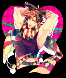 Rule 34 | 1boy, abs, argyle, argyle background, argyle clothes, armpits, arms behind head, arms up, bare shoulders, battle tendency, belt, black hair, black shirt, bola (weapon), fingerless gloves, gloves, heart, hermit purple, jojo no kimyou na bouken, jojo pose, joseph joestar, joseph joestar (young), male focus, midriff, multiple belts, muscular, one eye closed, plant, ribbon, scarf, shirt, silhouette, sleeveless, solo, stand (jojo), striped clothes, striped scarf, takashi (huzakenna), thorns, tight clothes, vines, wink