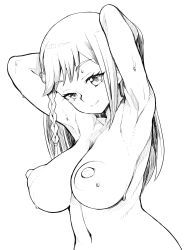 Rule 34 | 1girl, armpits, braid, breasts, closed mouth, commentary request, completely nude, copyright request, greyscale, hair ornament, highres, large breasts, light smile, looking at viewer, monochrome, navel, nude, simple background, single braid, smile, solo, sweat, white background, zootan