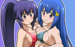 Rule 34 | 2girls, awa, breasts, cleavage, closed mouth, large breasts, long hair, looking at viewer, multiple girls, simple background, smile, swimsuit, teekyuu