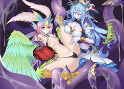 Rule 34 | 2girls, animal ears, bian qunqing, bird ears, bird legs, black panties, blue hair, blush, bracelet, breasts, carol (clover theater), chinese commentary, cleavage, closed eyes, clover theater, colored skin, commentary request, consensual tentacles, cross-section, egg, feathers, gradient hair, green feathers, green wings, hair ornament, harpy, headdress, highres, imola (clover theater), jewelry, large breasts, lifting person, long hair, monster girl, multicolored hair, multiple girls, navel, nipples, open mouth, panties, pink hair, pointy ears, purple eyes, purple skin, scylla, short hair, skirt, unworn skirt, slime (substance), small breasts, talons, tentacles, underwear, winged arms, wings