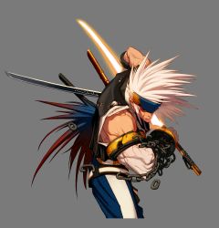 Rule 34 | 00s, absurdres, beam sword, blademaster, chain, cuffs, dungeon and fighter, grand master (dungeon and fighter), headband, highres, katana, muscular, scar, shackles, slayer (dungeon and fighter), sword, torn clothes, vest, weapon, weapon master (dungeon and fighter), white arm, white hair, wild hair