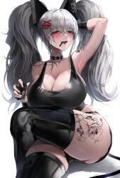 Rule 34 | 1girl, arm behind head, blush, breasts, bunching hair, cigarette, cigarette pack, cleavage, collar, crossed legs, curvy, eyepatch, grey hair, hair ornament, hairclip, havoc-chan, highres, huge breasts, large breasts, looking at viewer, original, red eyes, simple background, sitting, smile, solo, suou-sensei, swimsuit, thick thighs, thighhighs, thighs, twintails, white background, white nails