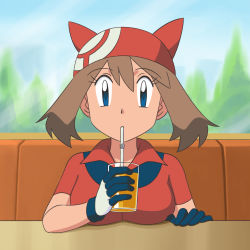 Rule 34 | 1girl, absurdres, bandana, blue eyes, breasts, collared shirt, commentary request, creatures (company), cup, drinking, drinking straw, drinking straw in mouth, eyelashes, game freak, glass, gloves, highres, holding, holding cup, indoors, juice, looking at viewer, may (pokemon), medium hair, miraa (chikurin), nintendo, orange juice, pokemon, pokemon (anime), pokemon rse (anime), red bandana, red shirt, shirt, short sleeves, solo, table, upper body