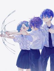 Rule 34 | 1girl, 2boys, aiming, blue eyes, blue hair, blue necktie, blue skirt, bow (weapon), broken umbrella, bullying, collared shirt, commentary request, cowboy shot, drawing bow, dress shirt, from side, glasses, gr 7, hair ornament, hairclip, highres, holding, holding bow (weapon), holding umbrella, holding weapon, looking to the side, multiple boys, necktie, original, outstretched arm, pleated skirt, purple eyes, purple hair, school uniform, shirt, shirt tucked in, short sleeves, simple background, skirt, standing, swept bangs, umbrella, weapon, white background, white shirt