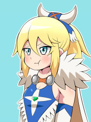 Rule 34 | 10s, 1girl, ayuria, bare shoulders, blonde hair, blue background, blue eyes, blush, bone hair ornament, breasts, cape, cleavage, closed mouth, detached sleeves, dress, fur trim, hair ornament, half-closed eyes, highres, inabakun00, looking to the side, monster hunter (series), monster hunter stories, ponytail, pout, simple background, sleeveless, sleeveless dress, small breasts, solo, standing, upper body, wavy mouth