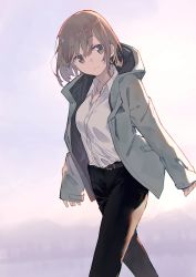 Rule 34 | 1girl, backlighting, belt, belt buckle, black pants, breasts, brown eyes, brown hair, buckle, closed mouth, collared shirt, commentary request, drawstring, dress shirt, feet out of frame, grey jacket, highres, hitogome, hood, hood down, hooded jacket, jacket, long sleeves, looking at viewer, open clothes, open jacket, original, pants, shirt, shirt tucked in, short hair, sidelocks, sleeves past wrists, small breasts, solo, walking, white background, white shirt