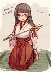 Rule 34 | 1girl, 2021, alternate costume, arrow (projectile), black hair, choukai (kancolle), commentary request, glasses, hakama, hakama skirt, hamaya, japanese clothes, kantai collection, long hair, looking at viewer, miko, new year, one-hour drawing challenge, red eyes, red hakama, rimless eyewear, seiza, sitting, skirt, smile, solo, tatami, wss (nicoseiga19993411)