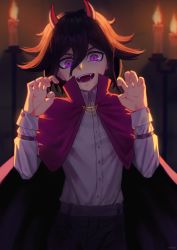 Rule 34 | 1boy, :d, absurdres, alternate costume, black pants, blouse, candle, cape, claw pose, collared shirt, commentary, danganronpa (series), danganronpa v3: killing harmony, demon horns, dress shirt, fangs, hair between eyes, hands up, highres, horns, long sleeves, looking at viewer, male focus, open mouth, oma kokichi, pants, pink cape, purple eyes, remonoart, shirt, shirt tucked in, short hair, smile, solo, white shirt