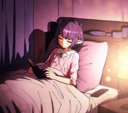 Rule 34 | 1girl, bed, blush, book, closed eyes, commentary, curtains, ddolbang, desk lamp, drooling, english commentary, frilled sleeves, frills, highres, holding, holding book, hololive, hololive english, indoors, lamp, light particles, mole, mole under eye, mouth drool, night, nightstand, ninomae ina&#039;nis, official alternate hair length, official alternate hairstyle, on bed, open book, pajamas, pillow, pink pajamas, pink shirt, pointy ears, purple hair, ribbon, shadow, shirt, short hair, short sleeves, sidelocks, sitting, sleeping, sleeping upright, solo, table, u u, under covers, virtual youtuber, white ribbon