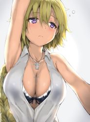 Rule 34 | 1girl, arm up, armpits, bare arms, bare shoulders, bikini, bikini top only, bikini under clothes, black bikini, braid, breasts, cleavage, closed mouth, collarbone, collared shirt, cross, cross necklace, fate/apocrypha, fate (series), frilled bikini, frills, front-tie bikini top, front-tie top, hair between eyes, highres, jeanne d&#039;arc (fate), jeanne d&#039;arc (girl from orleans) (fate), jeanne d&#039;arc (ruler) (fate), jewelry, large breasts, long hair, looking up, necklace, pendant, purple eyes, reinama, shirt, single braid, sleeveless, sleeveless shirt, solo, swimsuit, very long hair, white shirt, wing collar