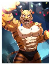 Rule 34 | 1boy, :d, abs, absurdres, arm up, bara, bulge, confetti, contest winner, cowboy shot, facial hair, furry, furry male, goatee, highres, large pectorals, looking up, male focus, muscular, muscular male, navel, neumo, nipples, open mouth, orange fur, original, pectorals, short hair, smile, solo, spotlight, stomach, thick eyebrows, thick thighs, thighs, tiger boy, topless male, wrestler, wrestling outfit, wrestling ring