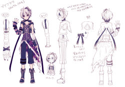 Rule 34 | 1boy, androgynous, arm warmers, asymmetrical sleeves, bandaged arm, bandages, boots, character sheet, chibi, choker, cross-laced footwear, expressionless, fingerless gloves, flower (vocaloid), flower (vocaloid4), from behind, full body, genderswap, genderswap (ftm), gloves, hand up, highres, lace-up boots, miwasiba, multicolored hair, multiple views, nail polish, open mouth, pants, purple eyes, purple footwear, purple gloves, purple hair, purple nails, purple pants, purple shirt, shirt, short hair, sketch, sleeveless, sleeveless jacket, standing, streaked hair, striped arm warmers, torn clothes, torn shirt, translated, uneven sleeves, vocaloid, white background, white hair