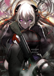 Rule 34 | 1girl, assault rifle, battle rifle, black dress, black thighhighs, blonde hair, blood, blood on face, bodystocking, breasts, chuhaibane, closed mouth, dress, feet out of frame, g3 (girls&#039; frontline), g3 (mod3) (girls&#039; frontline), girls&#039; frontline, gloves, gun, h&amp;k g3, hair ornament, hairclip, highres, holding, holding gun, holding weapon, long hair, long sleeves, looking at viewer, medium breasts, mod3 (girls&#039; frontline), on one knee, partially fingerless gloves, purple eyes, red gloves, rifle, serious, simple background, solo, thighhighs, torn clothes, torn thighhighs, weapon