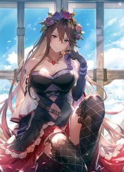 Rule 34 | 1girl, absurdres, bare shoulders, belt, blue sky, breasts, brown hair, cleavage, closed mouth, clothing cutout, cloud, collarbone, day, dress, elbow gloves, flower, garter straps, gloves, granblue fantasy, hair between eyes, hair flower, hair ornament, hand up, highres, kakage, knee up, large breasts, long hair, looking at viewer, navel cutout, purple eyes, rose, rosetta (granblue fantasy), sitting, sky, smile, solo, sunlight, thighhighs, wide sleeves, wood