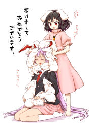 Rule 34 | 2girls, akeome, animal, animal ears, animal on head, animal on lap, animal on shoulder, barefoot, black hair, blazer, blush stickers, carrot necklace, closed eyes, dress, happy new year, headpat, highres, inaba tewi, itou yuuji, jacket, jewelry, long hair, multiple girls, necklace, necktie, new year, on head, on lap, open mouth, pendant, pink dress, purple hair, rabbit, rabbit ears, rabbit on head, rabbit on shoulder, red eyes, red necktie, reisen udongein inaba, short hair, sitting, skirt, smile, too many, too many rabbits, touhou, translation request, very long hair, wariza, white legwear