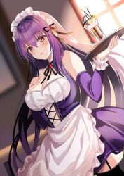 Rule 34 | 1girl, :o, alternate costume, apron, bad id, bad twitter id, black ribbon, black thighhighs, blush, breasts, cleavage, commentary request, detached sleeves, dutch angle, enmaided, fate/grand order, fate (series), garter straps, hand on own chest, harimoji, highres, indoors, large breasts, long hair, looking at viewer, maid, maid headdress, neck ribbon, purple hair, red eyes, ribbon, scathach (fate), scathach skadi (fate), solo, thighhighs, tray