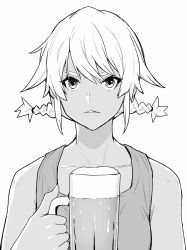 Rule 34 | 1girl, absurdres, alcohol, bare shoulders, beer, beer mug, collarbone, cup, dark-skinned female, dark skin, flying witch, greyscale, highres, holding, holding cup, ishizuka chihiro, kowata akane, looking at viewer, monochrome, mug, parted lips, shirt, sidelocks, simple background, sleeveless, sleeveless shirt, solo, swept bangs, twintails, upper body, v-shaped eyebrows, white background, white hair