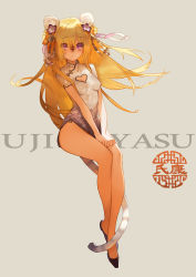 Rule 34 | 1girl, animal ears, bare legs, blonde hair, breasts, china dress, chinese clothes, cleavage, dress, facial mark, flower, full body, hair flower, hair ornament, long hair, looking at viewer, original, parted lips, purple eyes, side slit, simple background, sitting, small breasts, solo, tail, tiger ears, tiger tail, zhuzi