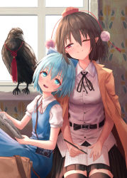Rule 34 | 2girls, ;), bag, bird, black hair, black legwear, black ribbon, black skirt, blue bow, blue eyes, blue hair, blush, book, bow, breasts, camera, cirno, coat, commentary request, cowboy shot, crow, dress, hair between eyes, hair bow, hat, head tilt, holding, holding book, holding newspaper, holding pencil, indoors, jacket, jacket on shoulders, looking at another, looking up, medium breasts, miniskirt, multiple girls, neck ribbon, newspaper, one eye closed, open mouth, pencil, pinafore dress, pleated skirt, pointy ears, pom pom (clothes), puffy short sleeves, puffy sleeves, red eyes, red ribbon, ribbon, roke (taikodon), shameimaru aya, shirt, short sleeves, sitting, skirt, sleeveless dress, small breasts, smile, tassel, thighhighs, tokin hat, touhou, wallpaper (object), white shirt, window, yellow coat, zettai ryouiki