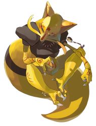 Rule 34 | absurdres, bent spoon, black eyes, claws, commentary request, creatures (company), full body, game freak, gen 1 pokemon, highres, kadabra, looking to the side, nintendo, no humans, pokemon, pokemon (creature), simple background, solo, spoon, white background, yunimaru