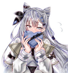 Rule 34 | 1girl, absurdres, artist name, blue eyes, candy, chocolate, chocolate heart, cone hair bun, covering own mouth, earrings, embarrassed, food, grey hair, hair bun, heart, highres, hololive, hololive indonesia, jewelry, looking to the side, mea (manami030), single earring, valentine, vestia zeta, vestia zeta (1st costume), virtual youtuber, white background