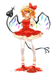 Rule 34 | 1girl, ascot, blonde hair, blood, blood on ground, blood splatter, blush, bobby socks, bow, bright pupils, closed mouth, collared shirt, crystal, expressionless, flandre scarlet, frilled ascot, frilled shirt collar, frilled skirt, frilled sleeves, frills, full body, hair between eyes, hat, hat bow, hat ribbon, highres, laevatein (touhou), mary janes, mob cap, one side up, pantyhose, puffy short sleeves, puffy sleeves, red bow, red eyes, red footwear, red ribbon, red skirt, red vest, ribbon, shirt, shoes, short hair, short sleeves, simple background, skirt, skirt set, socks, solo, standing, toconikky, touhou, v-shaped eyebrows, vest, white background, white hat, white pantyhose, white pupils, white shirt, white socks, wings, yellow ascot