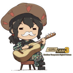 Rule 34 | 1girl, black footwear, black hair, boots, bulletproof vest, camouflage, chair, closed eyes, guitar, hat, instrument, military, military uniform, music, original, playing instrument, sitting, sombrero, tanto (tc1995), uniform, vest, white background