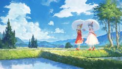 Rule 34 | 2girls, blush, cloud, commentary, crystal wings, day, dress, fjsmu, flandre scarlet, full body, grass, hat, hat ribbon, highres, hill, looking at another, mob cap, multiple girls, open mouth, outdoors, parasol, pink dress, red dress, red footwear, remilia scarlet, ribbon, rice paddy, scenery, siblings, sisters, smile, sun, sunlight, touhou, traditional media, tree, umbrella, walking