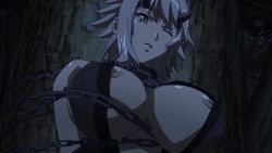 Rule 34 | 10s, 1girl, animated, animated gif, breasts, chain, cleavage, constriction, fake horns, grey hair, horns, large breasts, nipples, queen&#039;s blade, shizuka (queen&#039;s blade), short hair