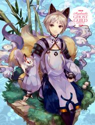 Rule 34 | 1boy, 1girl, androgynous, animal ears, ayakashi onmyouroku, bamboo, cloud, cowboy shot, fox, fox ears, fox tail, grey eyes, grey hair, long sleeves, looking at viewer, male focus, multiple tails, pipe fox, short hair, sitting, smile, solo, standing, tabard, tail, traditional clothes, welchino