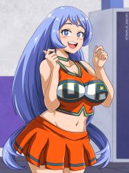 Rule 34 | 1girl, absurdres, blue eyes, blue hair, boku no hero academia, breasts, cheerleader, groin, hadou nejire, highres, large breasts, long hair, open mouth, sano br, smile, solo, tagme