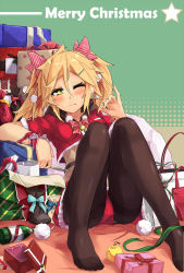Rule 34 | 1girl, :q, ;q, bell, black pantyhose, blonde hair, blush, bottle, bow, breasts, cake, christmas, food, fork, gift, hair bow, hat, highres, knife, merry christmas, one eye closed, original, ornament, panties, panties under pantyhose, pantyhose, ribbon, santa hat, shorts, sitting, small breasts, solo, takanashie, thighband pantyhose, tongue, tongue out, underwear, upshorts, wink, wrist ribbon, yellow eyes