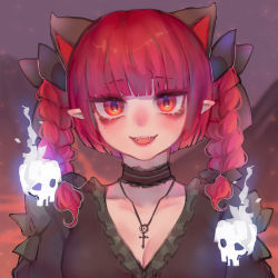 Rule 34 | 1girl, :d, animal ears, blunt bangs, blush, braid, breasts, cat ears, choker, cleavage, dress, embers, extra ears, fangs, grey background, grey dress, highres, hitodama, jewelry, kaenbyou rin, long hair, looking at viewer, medium breasts, necklace, open mouth, pointy ears, qiu ju, red eyes, red hair, simple background, skull, smile, solo, touhou, twin braids, twintails, upper body