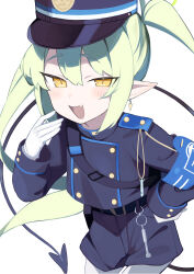 Rule 34 | 1girl, absurdres, belt, black belt, black hat, black shirt, black shorts, black tail, blue archive, blush, cowboy shot, demon tail, fang, gloves, green hair, green halo, halo, hat, highres, long hair, long sleeves, looking at viewer, nozomi (blue archive), open mouth, pantyhose, peaked cap, pointy ears, rotroto, shirt, shorts, simple background, skin fang, smile, solo, tail, twintails, white background, white gloves, white pantyhose, yellow eyes