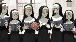 Rule 34 | 6+girls, :d, :o, bird, blonde hair, blue eyes, book, broken vase, brown eyes, brown hair, chicken, closed eyes, clumsy nun (diva), cross, crucifix, diva (hyxpk), duck, freckles, froggy nun (diva), glasses, glasses nun (diva), grey eyes, habit, hammer, highres, holding, holding book, hungry nun (diva), little nuns (diva), looking at another, looking down, looking to the side, mouth hold, multiple girls, music, nun, open mouth, red hair, sheep nun (diva), singing, smile, spicy nun (diva), stained glass, sticker, stuck, sweatdrop, traditional nun, triangle mouth, vase, veil, wall, yellow eyes