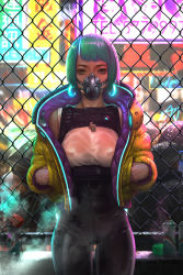 Rule 34 | 1girl, absurdres, black pants, breasts, chain-link fence, cowboy shot, cyberpunk, dog tags, earrings, fence, gas mask, green eyes, green hair, hands in pockets, highres, hoop earrings, jacket, jewelry, leather, leather pants, looking at viewer, mask, neon lights, no bra, open clothes, open jacket, original, pants, pasties, poson, rain, see-through, shirt, short hair, solo focus, spray paint, thigh gap, wet, wet clothes, wet shirt, white shirt, yellow jacket