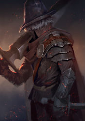 Rule 34 | 1boy, absurdres, abyss watcher, arm at side, armor, belt, cape, cowboy shot, dagger, dark souls (series), dark souls iii, embers, facing away, gauntlets, greatsword, grey hair, hair over eyes, helmet, highres, holding, holding dagger, holding knife, holding sword, holding weapon, josh corpuz, knife, male focus, mask, mouth mask, over shoulder, pauldrons, profile, red cape, reverse grip, shoulder armor, solo, standing, sword, weapon