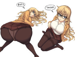 Rule 34 | 1girl, ass, bespectacled, black-framed eyewear, black pantyhose, blonde hair, blue eyes, breasts, brown skirt, collar, collarbone, commentary, english commentary, english text, furi2play!, glasses, highres, jacket, kneeling, large breasts, long hair, looking at viewer, margit hartmann, multiple views, open mouth, orange jacket, panties, pantyhose, peach88, shirt, simple background, skirt, speech bubble, thighs, underwear, very long hair, white background, white shirt