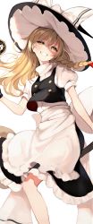 Rule 34 | 1girl, apron, black gloves, black hat, black skirt, black vest, blonde hair, bow, braid, broom, broom riding, buttons, closed mouth, flying, gloves, hair between eyes, hair bow, hand up, hat, hat bow, highres, kirisame marisa, long hair, looking at viewer, lumo 1121, mini-hakkero, puffy short sleeves, puffy sleeves, red bow, shaded face, shirt, short sleeves, simple background, single braid, sitting, skirt, smile, solo, teeth, touhou, vest, white apron, white background, white bow, white shirt, witch hat, yellow eyes