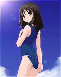 Rule 34 | adjusting clothes, adjusting swimsuit, azumanga daiou, bare shoulders, brown eyes, brown hair, cloud, day, from below, kasuga ayumu, long hair, looking back, md5 mismatch, one-piece swimsuit, resolution mismatch, sky, solo, source larger, swimsuit