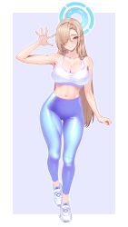 Rule 34 | 1girl, asuna (blue archive), blue archive, blue eyes, blue halo, blue pants, blush, breasts, cleavage, collarbone, full body, grin, hair over one eye, halo, highres, large breasts, light brown hair, long hair, looking at viewer, navel, pants, shoes, smile, solo, tank top, volyz, white footwear, white tank top
