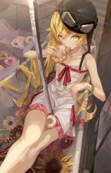 Rule 34 | 1girl, absurdres, bakemonogatari, bare shoulders, between legs, blonde hair, bow, collarbone, doughnut, dress, dress bow, eating, feet out of frame, flat chest, food, hair over eyes, helmet, highres, holding, holding food, hxxg, katana, layered dress, light blush, long hair, looking at viewer, monogatari (series), motorcycle helmet, multicolored clothes, multicolored dress, oshino shinobu, pink dress, red bow, short dress, sitting, slit pupils, solo, straight hair, sword, tsurime, very long hair, weapon, white dress, yellow eyes