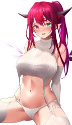 Rule 34 | 1girl, absurdres, bare shoulders, blue eyes, blush, breasts, detached sleeves, heterochromia, highres, hirahiragi (h1rqg1), hololive, hololive english, horns, irys (hololive), large breasts, long hair, looking at viewer, meme attire, multicolored hair, navel, panties, pointy ears, purple eyes, purple hair, red hair, smile, solo, sweater, turtleneck, underwear, very long hair, virgin destroyer sweater, virtual youtuber, white sweater